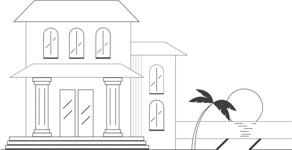 House stands near ocean; columns flank entrance; palm tree nearby.