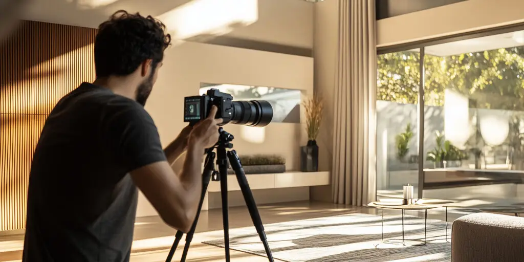 Man operates camera on tripod, photographing modern living room.